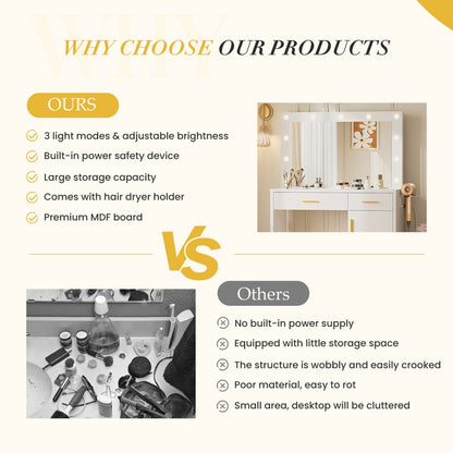 Mirror And Lights, Makeup Vanity Table With Charging Station , 2 Drawers & Large Cabinet, 3 Lighting Color Adjustable, Dressing Table