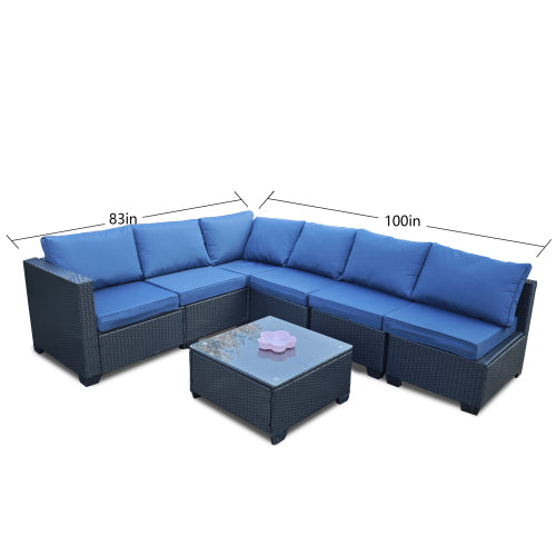 Seven-Piece Sofa Set Table With Sofa Chair Black PE Rattan Outdoor Furniture 7-JH001 Box 3-1-2-3 With Blue Color Cushion