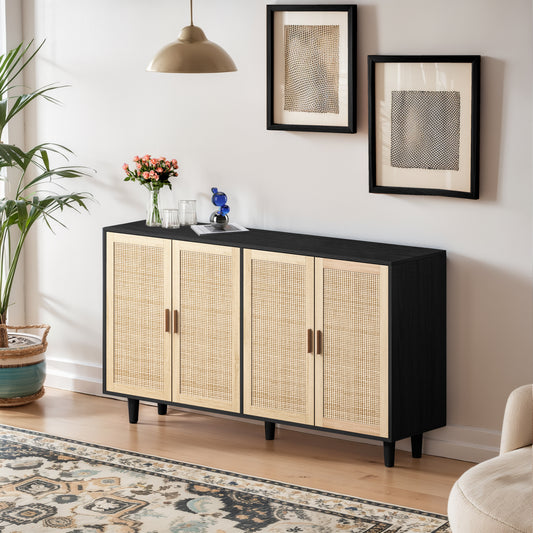 62.20  Elegant And Functional 4 Door Rattan Decorative Storage Cabinet,for Bedroom,Living Room,Office,Easy Assembly,Black