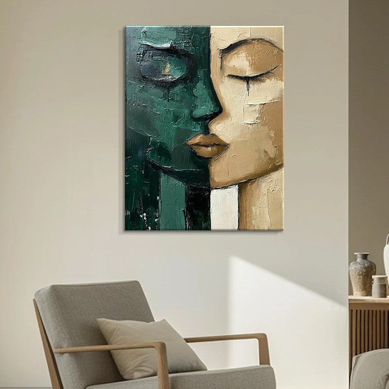 Hand-Painted Oil Painting Modern Art Picture Green And Beige Face Home Living Room Bedroom Bathroom Canvas Wall Art Decor