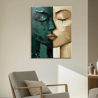 Hand-Painted Oil Painting Modern Art Picture Green And Beige Face Home Living Room Bedroom Bathroom Canvas Wall Art Decor