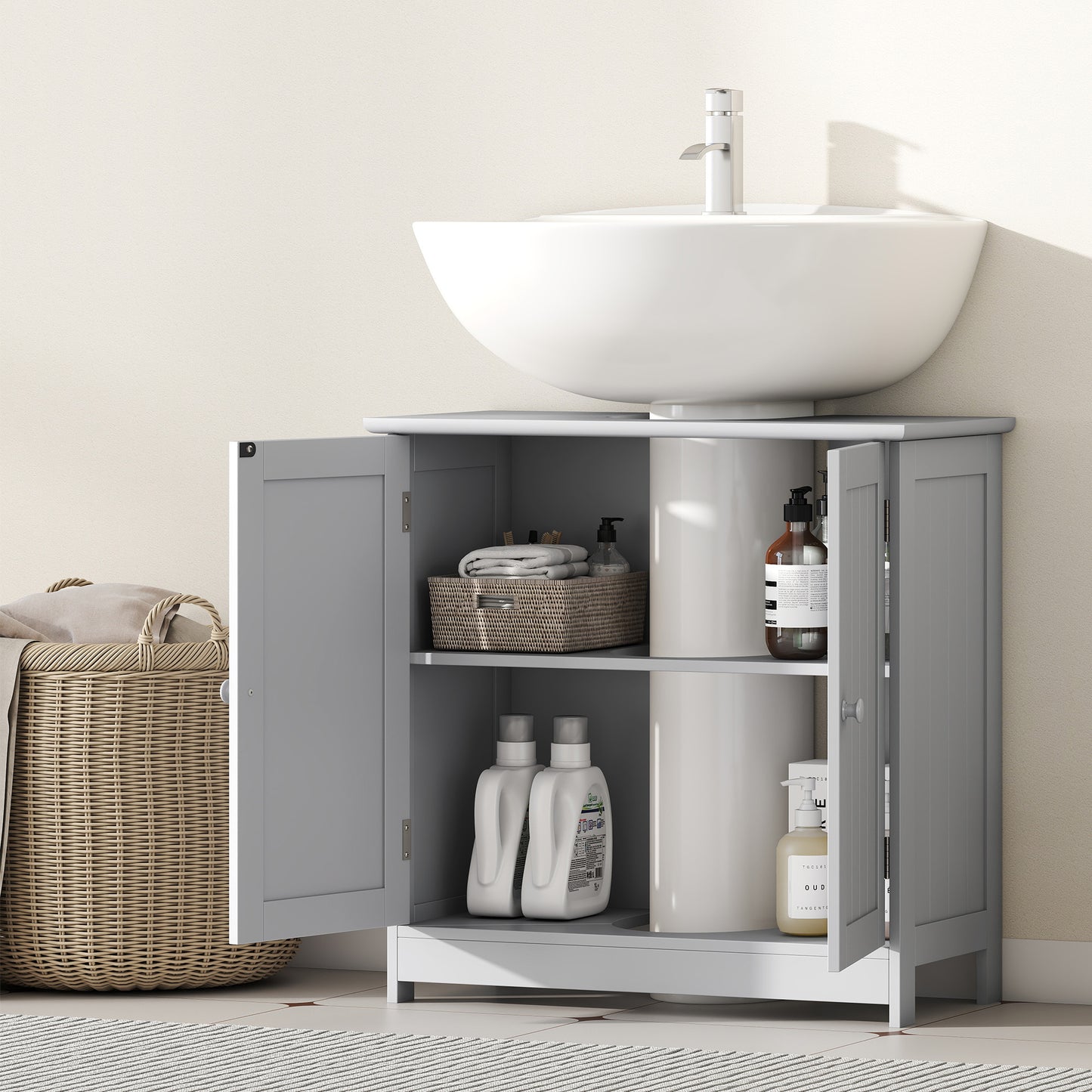 Bathroom Vanity Cabinet, Under Sink Bathroom Cabinet with 2 Doors and Adjustable Shelf, Light Gray