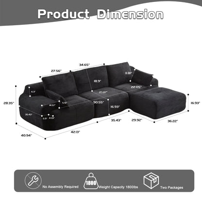 Modern Memory Foam Compressed Sofa,Large Sectional Couches For Living Room,Pet-Friendly Cloud Modular Sectional Sofa,Corduroy Fabric,Extra Deep Loveseat,No Assembly Required, Black