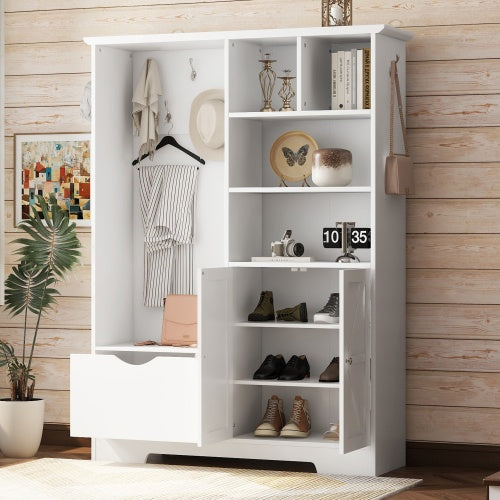 Multi-functional Hall Tree With Storage Shelves Drawers And Cabinet, Elegant Hallway Shoe Cabinet With Bench, Modern Coat Rack With Hooks For Hallway Entryways