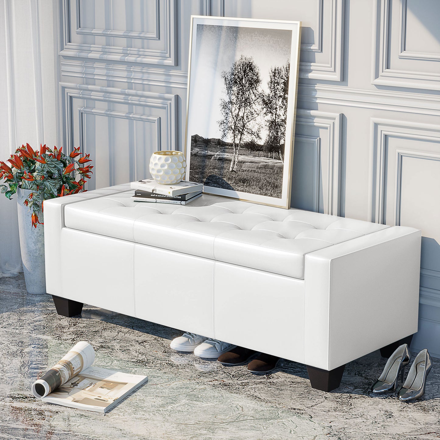 50.5" Faux Leather Rectangular Tufted Storage Ottoman for Living Room