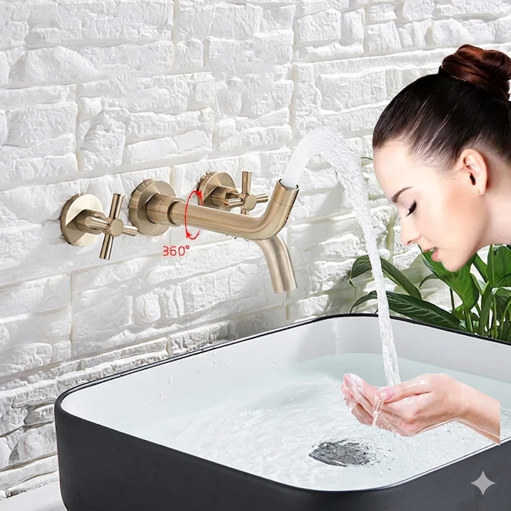 Gold Wall Basin Faucet Dual-Handle Brushed Gold