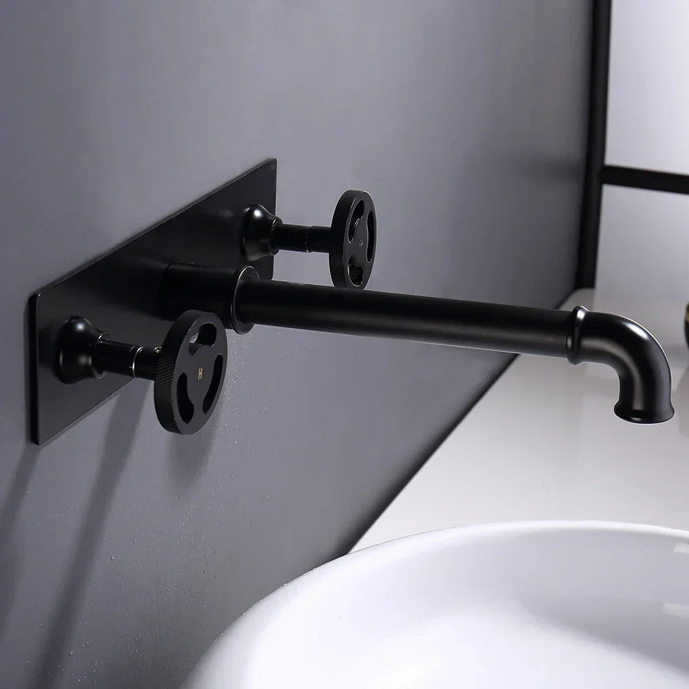 DecorBites™ Industrial Style Wall Mounted Black Basin Faucet with Dual Handles