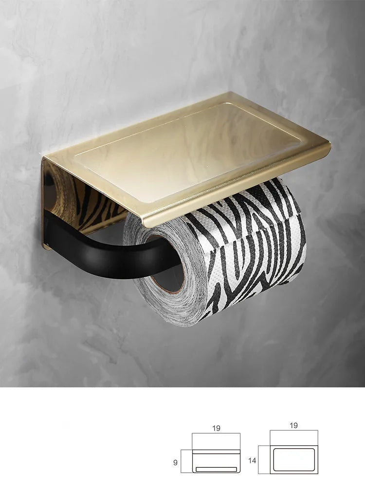 DecorBites™ Gold & Black Bathroom Set - Shelf, Towel Rack, Holder, Brush Holder & More