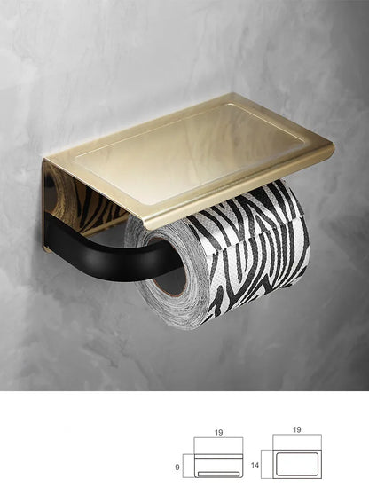 DecorBites™ Gold & Black Bathroom Set - Shelf, Towel Rack, Holder, Brush Holder & More