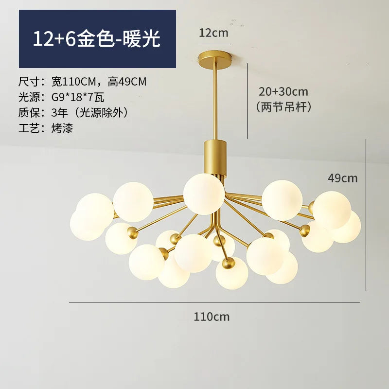 Gold Glass LED Dining Chandelier 18-Head Design