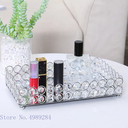 DecorBites™ Crystal Glass Mirror Tray Cosmetic Jewelry Organizer Shelf Storage