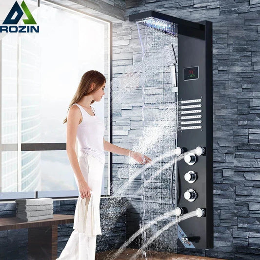 DecorBites™ LED Light Shower Panel Faucet with Waterfall Rain Shower Head and Massage Jets