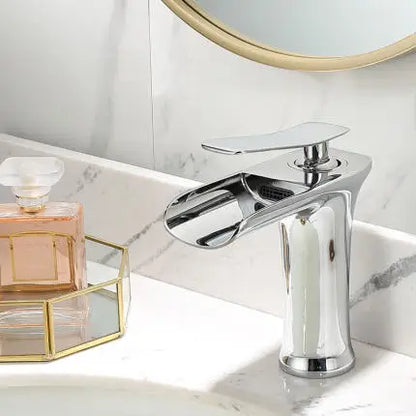 DecorBites™ Gold Waterfall Bathroom Basin Faucet, White Mixer Tap Hot Cold Sink Plugin