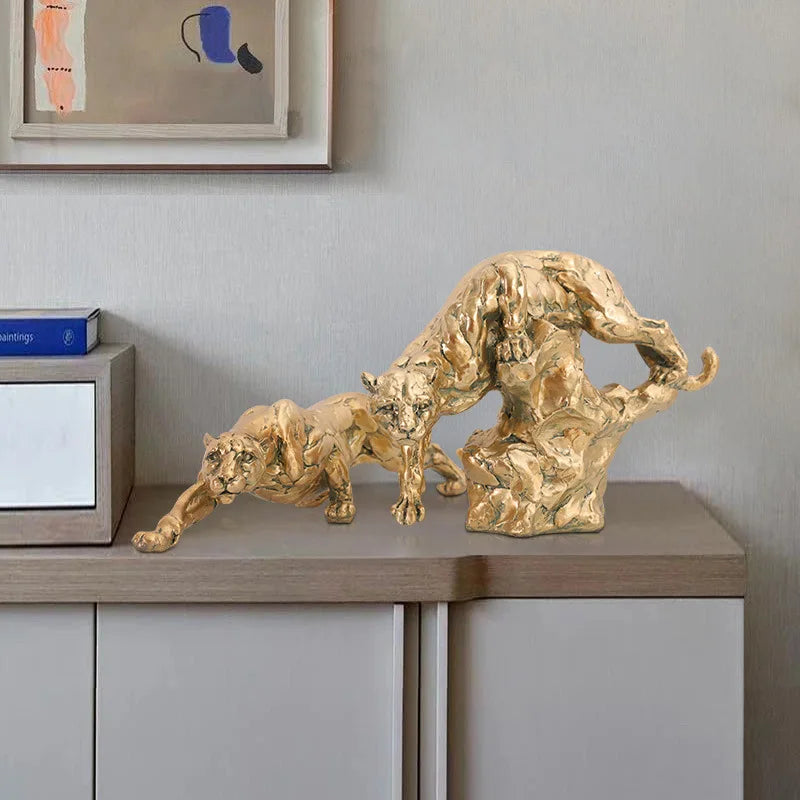 DecorBites™ Golden Leopard Resin Panther Figurine: Luxury Home Office Decor & Gift