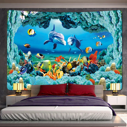 DecorBites™ Dolphin Psychedelic Tapestry: Bohemian Underwater Wall Hanging for Home Decoration