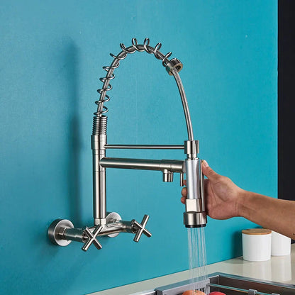 DecorBites™ Gold Black Kitchen Faucet Wall Mount Pull Down Tap Dual Swivel Spouts