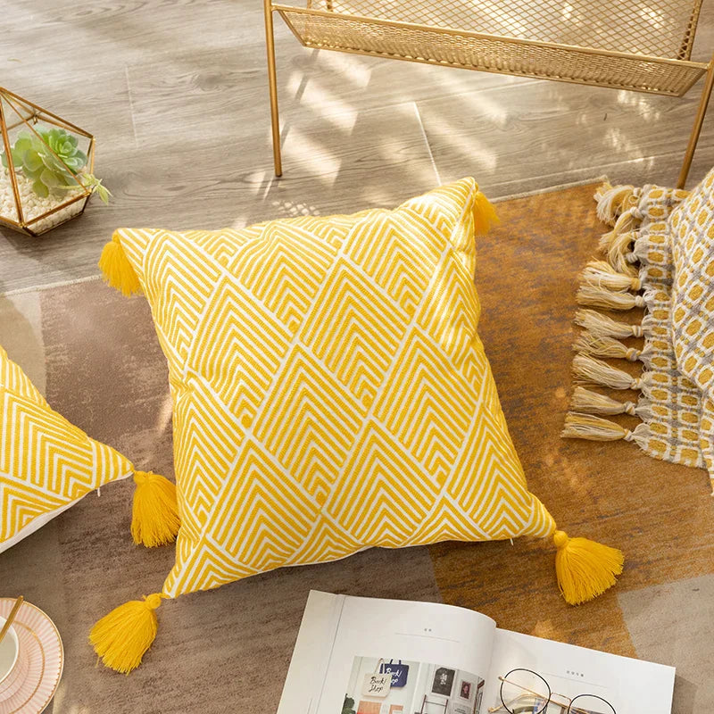 DecorBites™ Geometric Embroidery Canvas Cotton Cushion Cover for Sofa Bed in Yellow