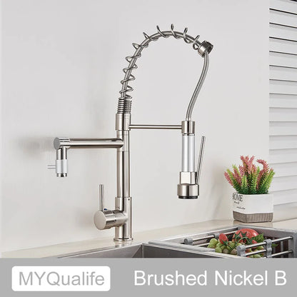 DecorBites™ Dual Spout Kitchen Sink Faucet - Matte Black Finish, Deck Mount Spring Mixer