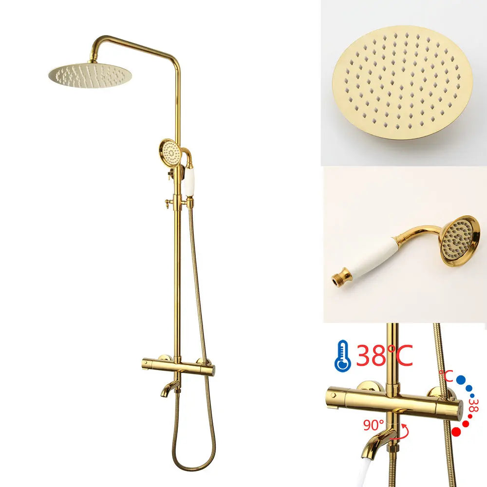 DecorBites™ Gold Plated Thermostatic Shower Faucet Set with 8" Rainfall Head