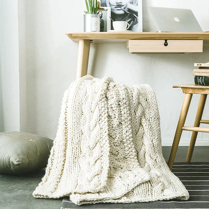 DecorBites™ Khaki Beige Chunky Knit Wool Blanket