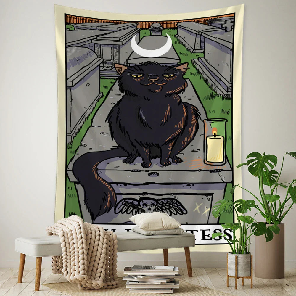 DecorBites™ Black Cat Tarot Tapestry: Psychedelic Hippie Wall Hanging Room Decor