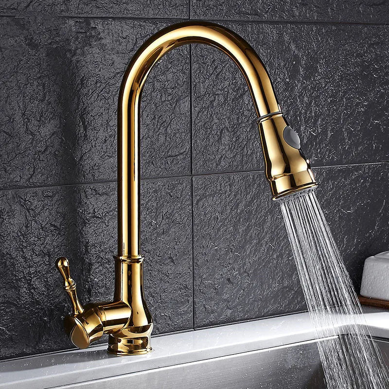 Gold Swivel Kitchen Faucet With Brass Construction
