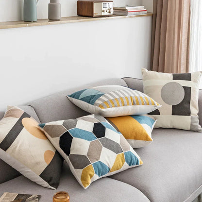 DecorBites™ Geometric Embroidery Cushion Cover Set - Blue Coffee Yellow Grey Abstract Square