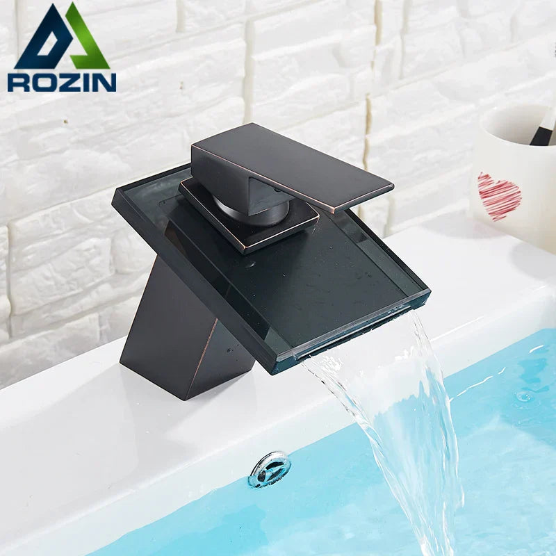 DecorBites™ LED Waterfall Bathroom Sink Faucet Black Bronze Single Handle Deck Mount