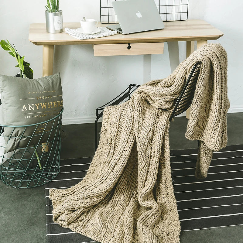 Khaki Wool Chunky Knit Blanket