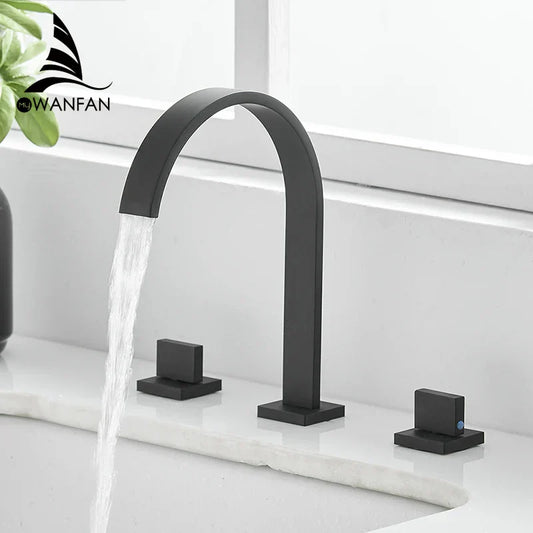 DecorBites™ Black Brass Deck Mounted Bathroom Sink Faucet Double Handle Hot/Cold Tap
