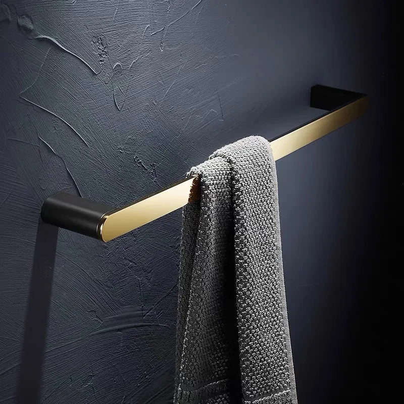 DecorBites™ Gold & Black Bathroom Set - Shelf, Towel Rack, Holder, Brush Holder & More
