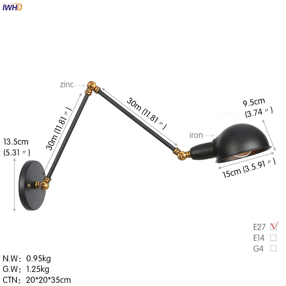 DecorBites™ Loft Antique Edison Wall Sconce Swing Arm Wall Light - 3 Heads Black