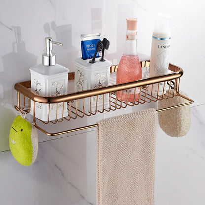 DecorBites™ Gold Brass Bathroom Shelf with Towel Hanger, Shampoo Holder, and Basket