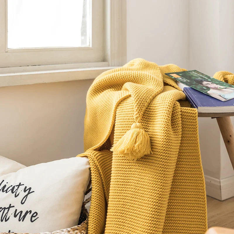 DecorBites™ Knit PomPom Tassel Throw Blanket - Soft Yellow Blanket 50"x62"