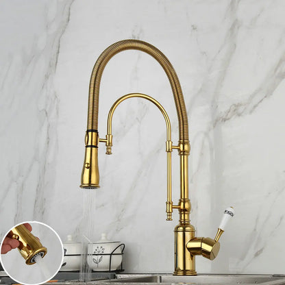 DecorBites™ Golden Kitchen Faucet Vessel Sink Swivel Mixer Tap with Pull Down Spring