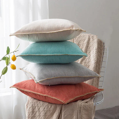 DecorBites™ Linen Fringe Cushion Cover: Blue Grey Yellow Red Green for Sofa Bed