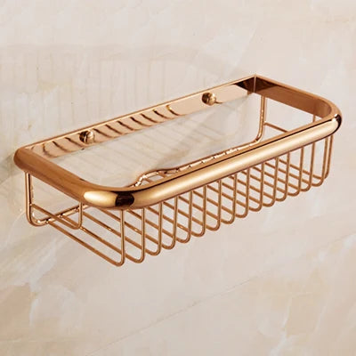 DecorBites™ Gold Brass Bathroom Shelf with Towel Hanger, Shampoo Holder, and Basket
