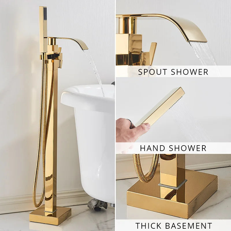 Gold Waterfall Bathtub Faucet Floor-Standing