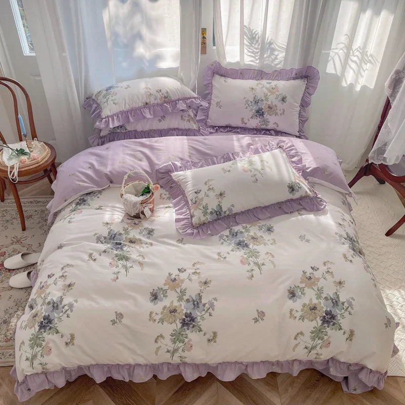DecorBites™ Gardenia Print Princess Bedding Set with Ruffles and Pillowcases