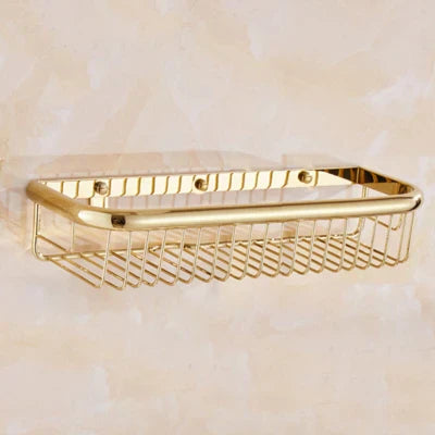 DecorBites™ Gold Brass Bathroom Shelf with Towel Hanger, Shampoo Holder, and Basket