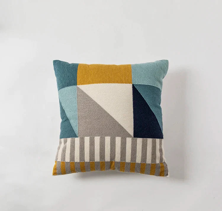 DecorBites™ Geometric Embroidery Cushion Cover Set - Blue Coffee Yellow Grey Abstract Square