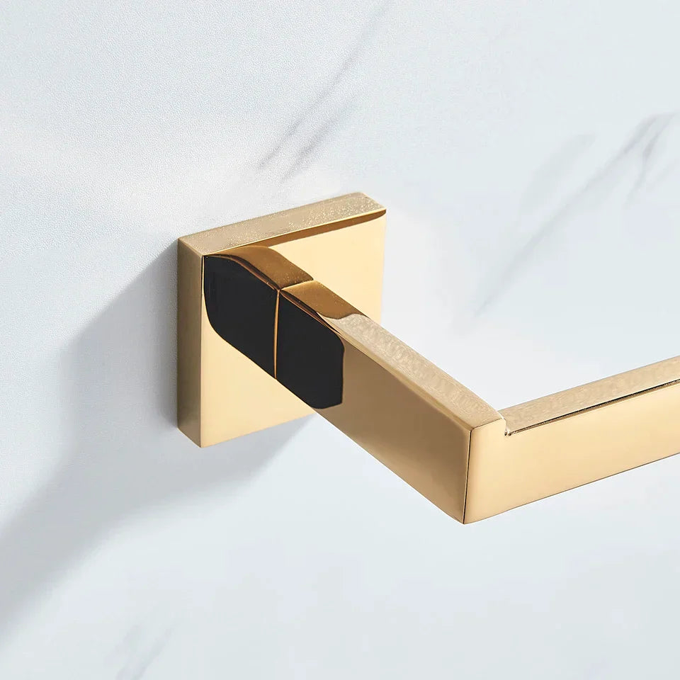 DecorBites™ Gold Bathroom Hardware Set: Robe Hook, Towel Rail, Shelf, Tissue Holder