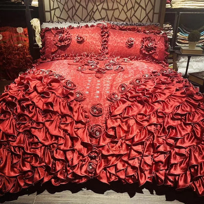 DecorBites™ Jacquard Rose Lace Bedding Set, Luxurious European Style, Red & Champagne