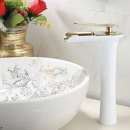DecorBites™ Gold Waterfall Bathroom Basin Faucet, White Mixer Tap Hot Cold Sink Plugin