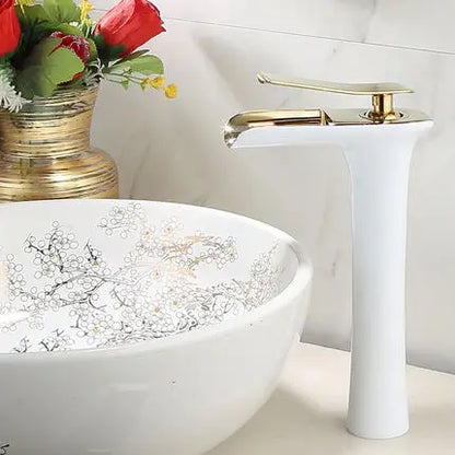 DecorBites™ Gold Waterfall Bathroom Basin Faucet Mixer Tap Hot Cold White Sink
