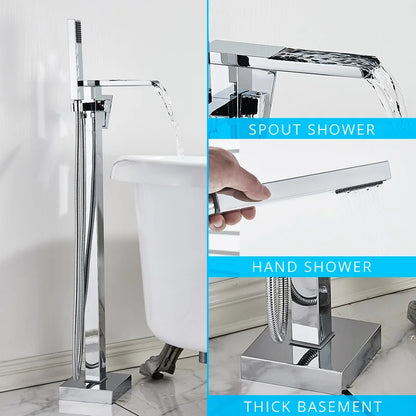DecorBites™ Gold Bathtub Faucet Set Hot Cold Water Shower Mixer Tap Waterfall Floor Stand