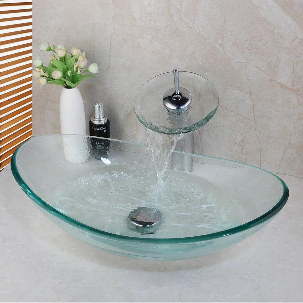 DecorBites™ Glass Waterfall Tap Hand-Painted Basin Mixer Faucet Chrome Lavatory Sink