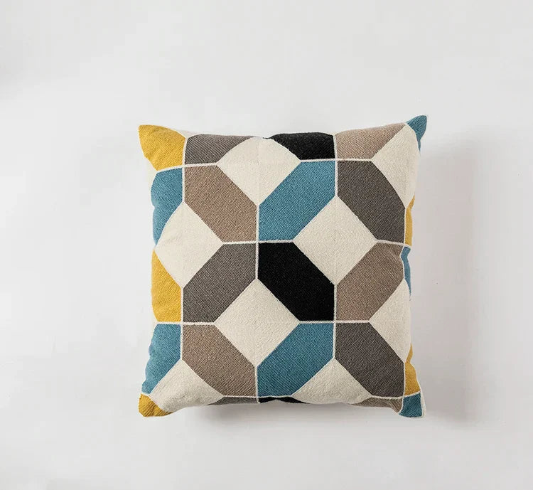 DecorBites™ Geometric Embroidery Cushion Cover Set - Blue Coffee Yellow Grey Abstract Square
