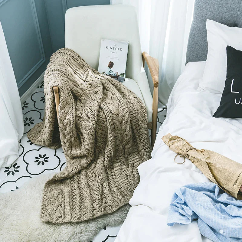 Khaki Wool Chunky Knit Blanket