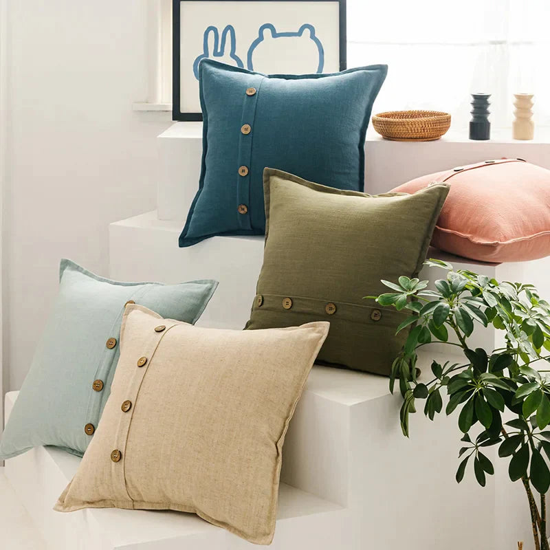 DecorBites™ Cotton Linen Cushion Cover 45x45cm in Pink Blue Green Beige with Coconut Buttons for Home Décor